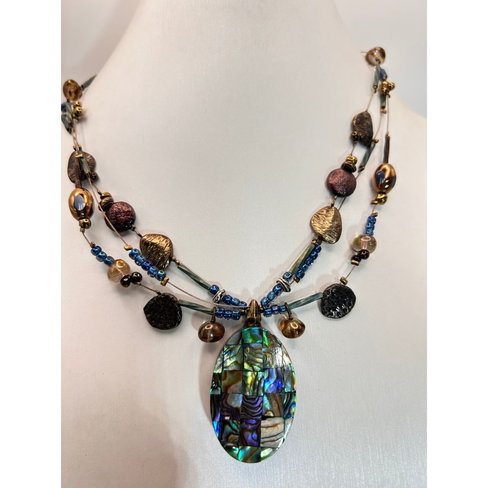Chicos Necklace Women OS Blue Gold Good Abalone Mosaic Multi Strand Statement